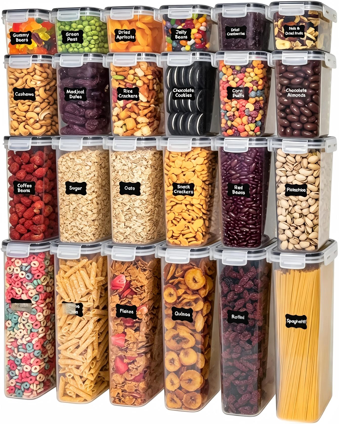 Food Snacks Options - 蓋付き食品保存容器、24個セット（複数セットのオプションあり）、黒 | シリアル、パスタ、スナック、小麦粉、砂糖に適しており、BPAフリー、密閉性があり、複数のサイズ展開、食器洗い機対応（蓋を除く）、ラベル24枚付き。