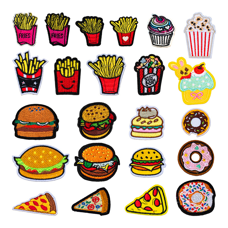 Food Snacks Pictures - ファーストフードシリーズ刺繍布アップリケハンバーガーポップコーンフライピザドーナツおいしいスナックアイアンでパッチ卸売