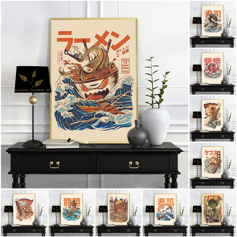 Food Snacks Pictures - 面白い食品アート日本の広告プリントヴィンテージポスターラーメン寿司たこ焼き壁絵スナックバー家の装飾キャンバス絵画