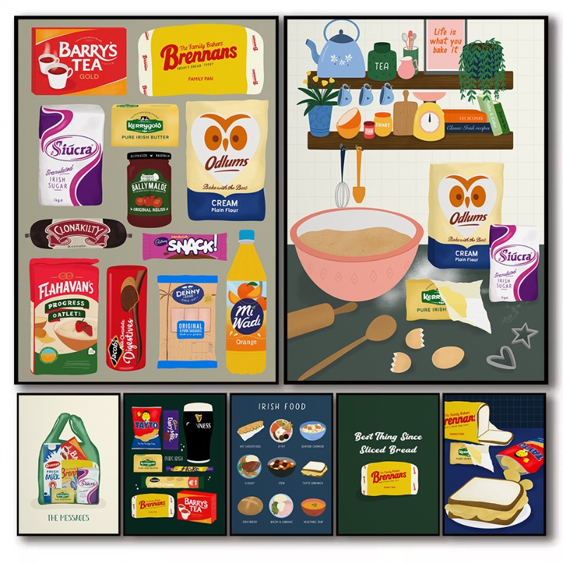 Food Snacks Pictures - かわいいクラシックアイルランド食品スナックバターアイルランドキッチン漫画イラストポスターキャンバス絵画壁アート写真家の装飾