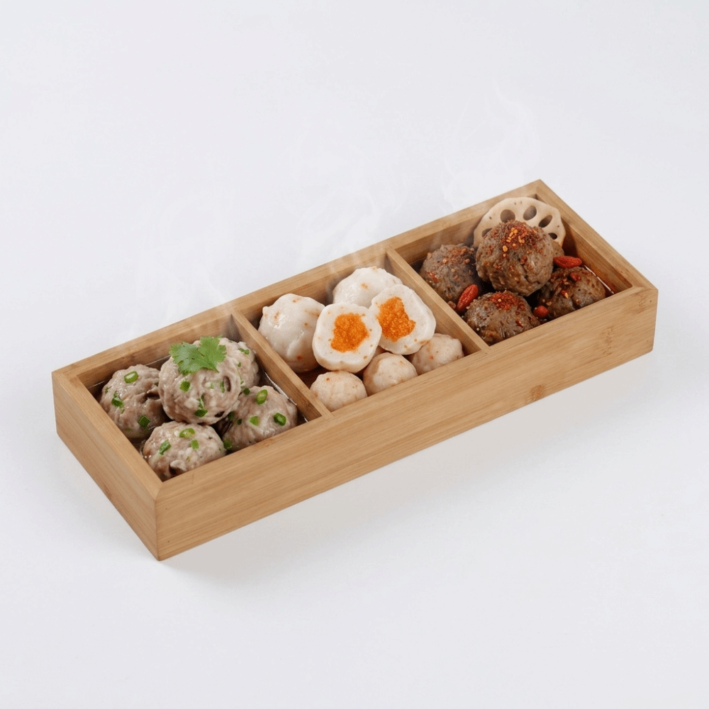Food Snacks Options - 竹製サービングトレイ、独立したバリのないスナックトレイ、複数のグリッドレイアウト（オプション）、竹の木目が見えるフードプラッター