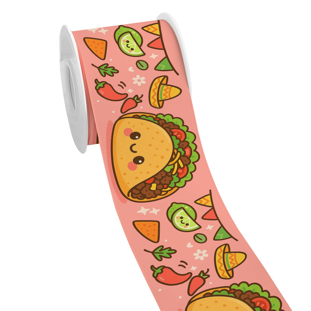 Food Snacks Pictures - タコススナック5ヤードメキシカンフード漫画プリントグログランリボン、チアリーダーリボンDIY、女の子用ヘアアクセサリー、ヘアボウ、サテンリボン
